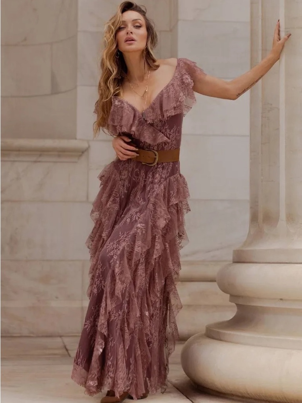 Joyfolie Sylvia Lace Ruffle Maxi Dress in Rosette • small